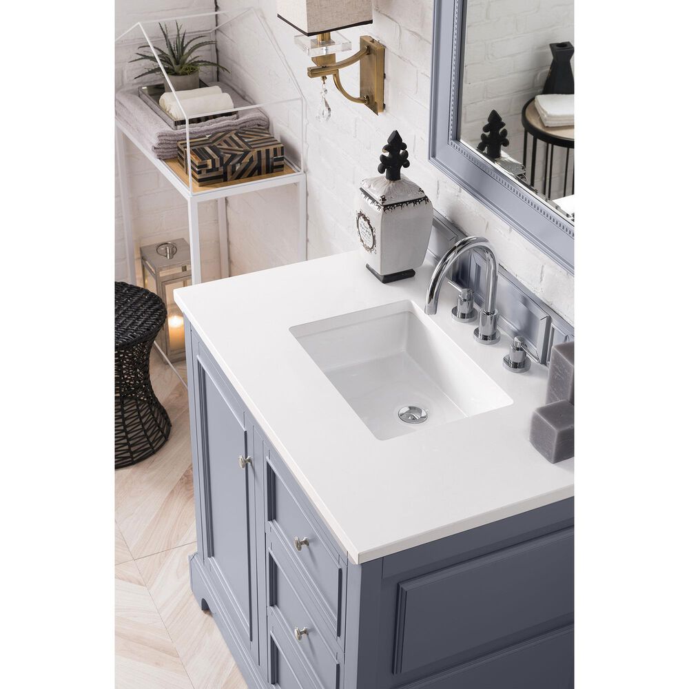 James Martin De Soto 36&quot; Single Bathroom Vanity in Silver Gray with 3 cm White Zeus Quartz Top and Rectangular Sink, , large