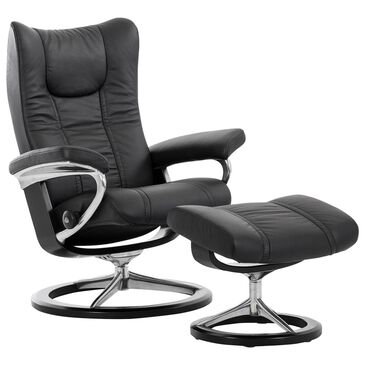 Stressless Wing Small Chair and Ottoman with Signature Base in Paloma Black, , large