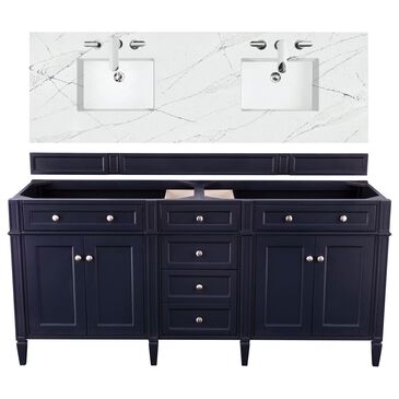 James Martin Brittany 72" Double Bathroom Vanity in Victory Blue with 3 cm Ethereal Noctis Quartz Top and Rectangle Sinks, , large