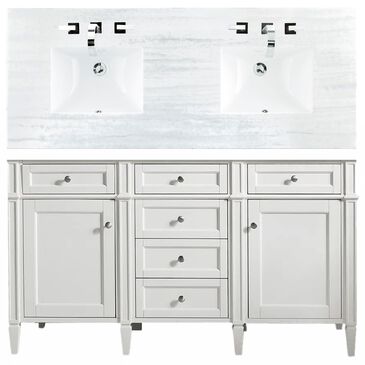 James Martin Brittany 60" Double Bathroom Vanity in Bright White with 3 cm Arctic Fall Solid Surface Top, , large