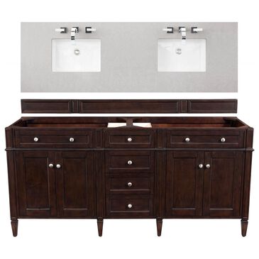 James Martin Brittany 72" Double Bathroom Vanity in Burnished Mahogany with 3 cm Eternal Serena Quartz Top and Rectangle Sinks, , large
