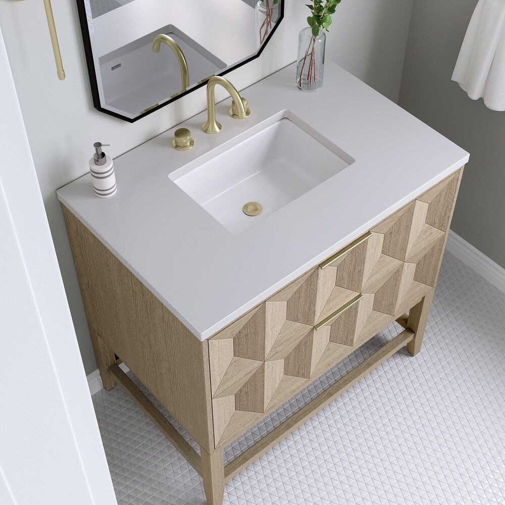 James Martin Emmeline 36" Single Bathroom Vanity in Pebble Oak with 3 cm White Zeus Quartz Top and Rectangular Sink, , large