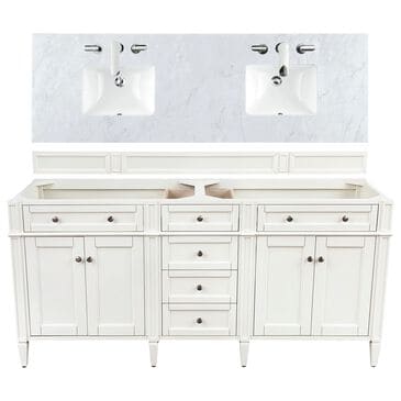 James Martin Brittany 72" Double Bathroom Vanity in Bright White with 3 cm Carrara White Marble Top and Rectangle Sinks, , large