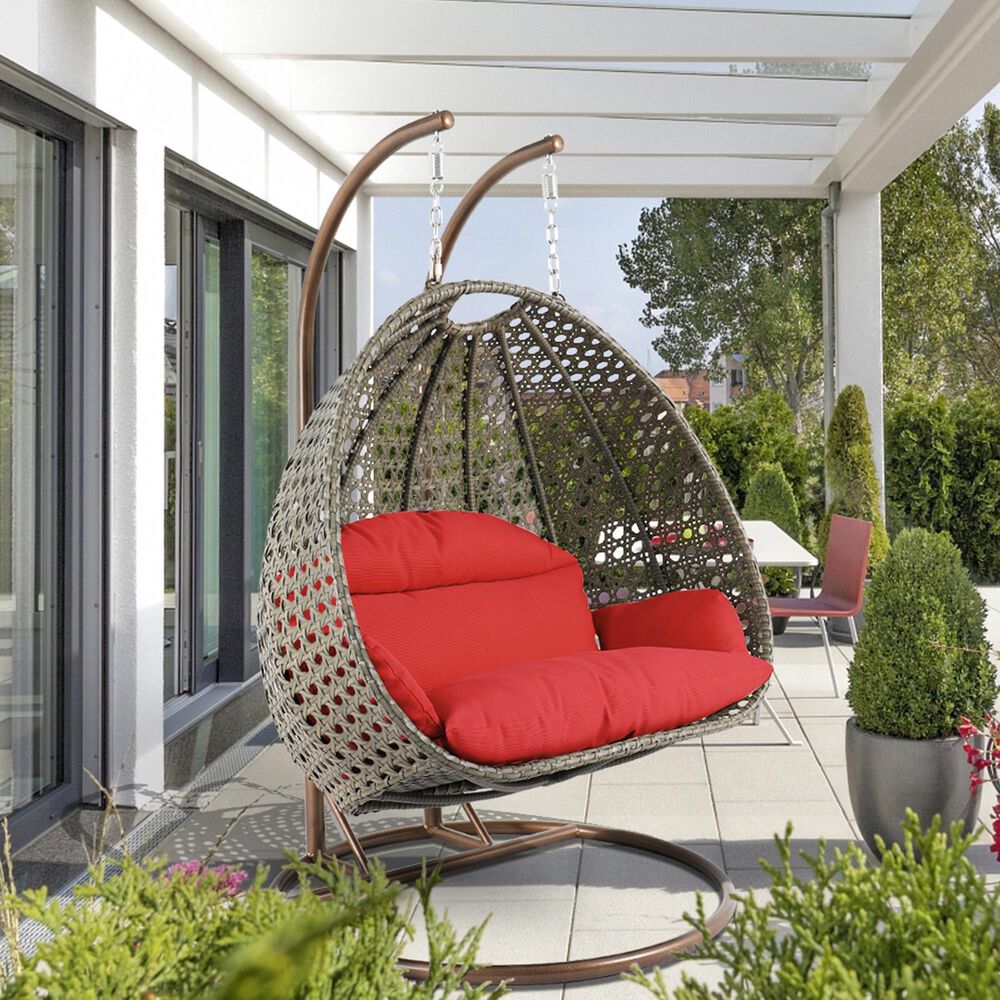 Leisuremod 57&quot; Patio 2-Seat Hanging Egg Swing Chair with Red Cushion in Beige, , large