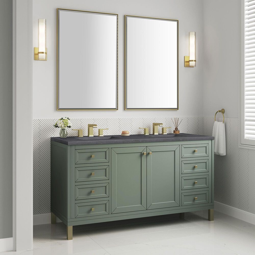 James Martin Chicago 60&quot; Double Bathroom Vanity in Smokey Celadon with 3 cm Charcoal Soapstone Quartz Top and Rectangular Sinks, , large