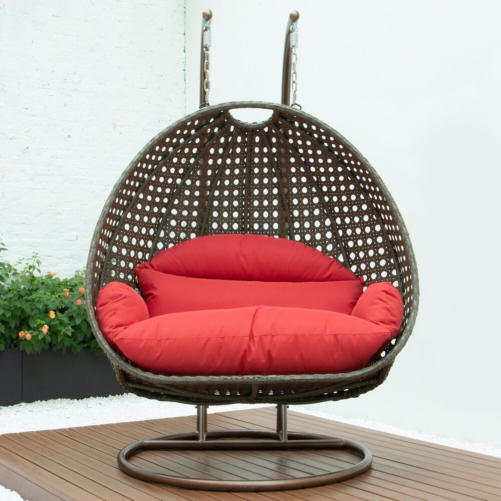 Leisuremod 57&quot; Patio 2-Seat Hanging Egg Swing Chair with Red Cushion in Beige, , large