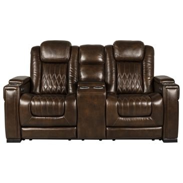 Frankfurt Furniture Leather Power Reclining Console Loveseat with Power Headrest in Brown, , large