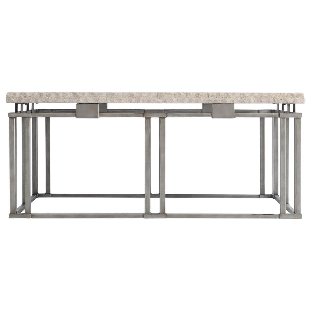 Bernhardt Riverton 40&quot; Cocktail Table in Honed Bianco Travertine and Silver, , large