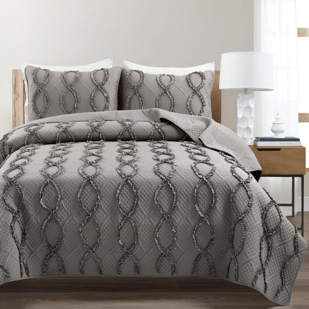Triangle Home Fashions Avon Textured Ruffle 3-Piece Queen Comforter Set in Dark Gray, , large