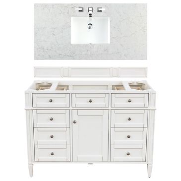 James Martin Brittany 48" Single Bathroom Vanity in Bright White with 3 cm Eternal Jasmine Pearl Quartz Top and Rectangle Sink, , large