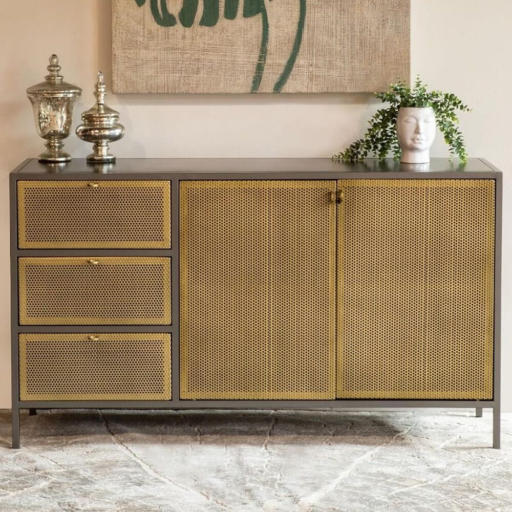 Home Trends &amp; Design Brooklyn 3-Drawer Sideboard in Gunmetal and Brass, , large