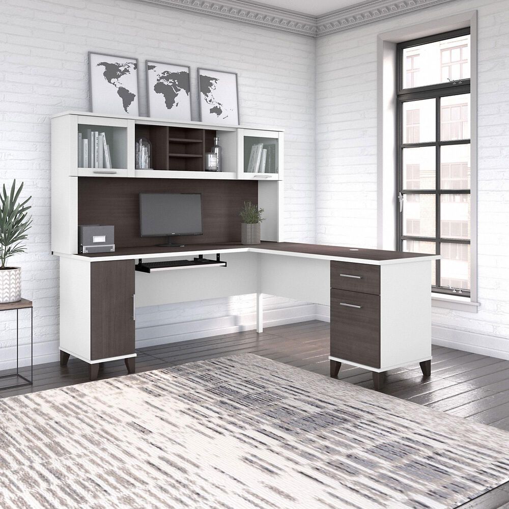 Bush Somerset 72&quot; L-Shaped Desk with Hutch in Storm Gray and White, , large