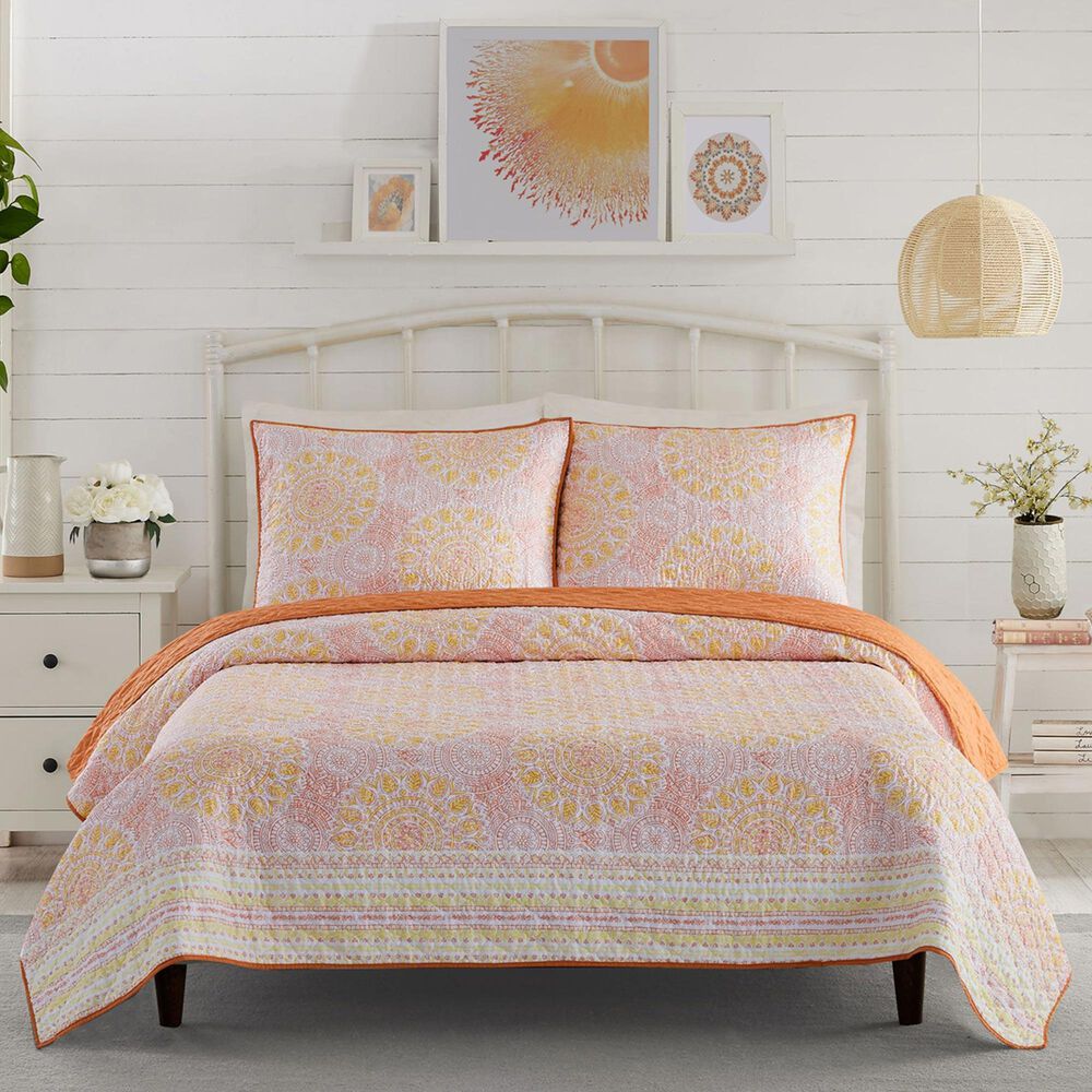 Peking Handicraft Medallion 3-Piece Full/Queen Quilt Set in Coral, Yellow and White, , large