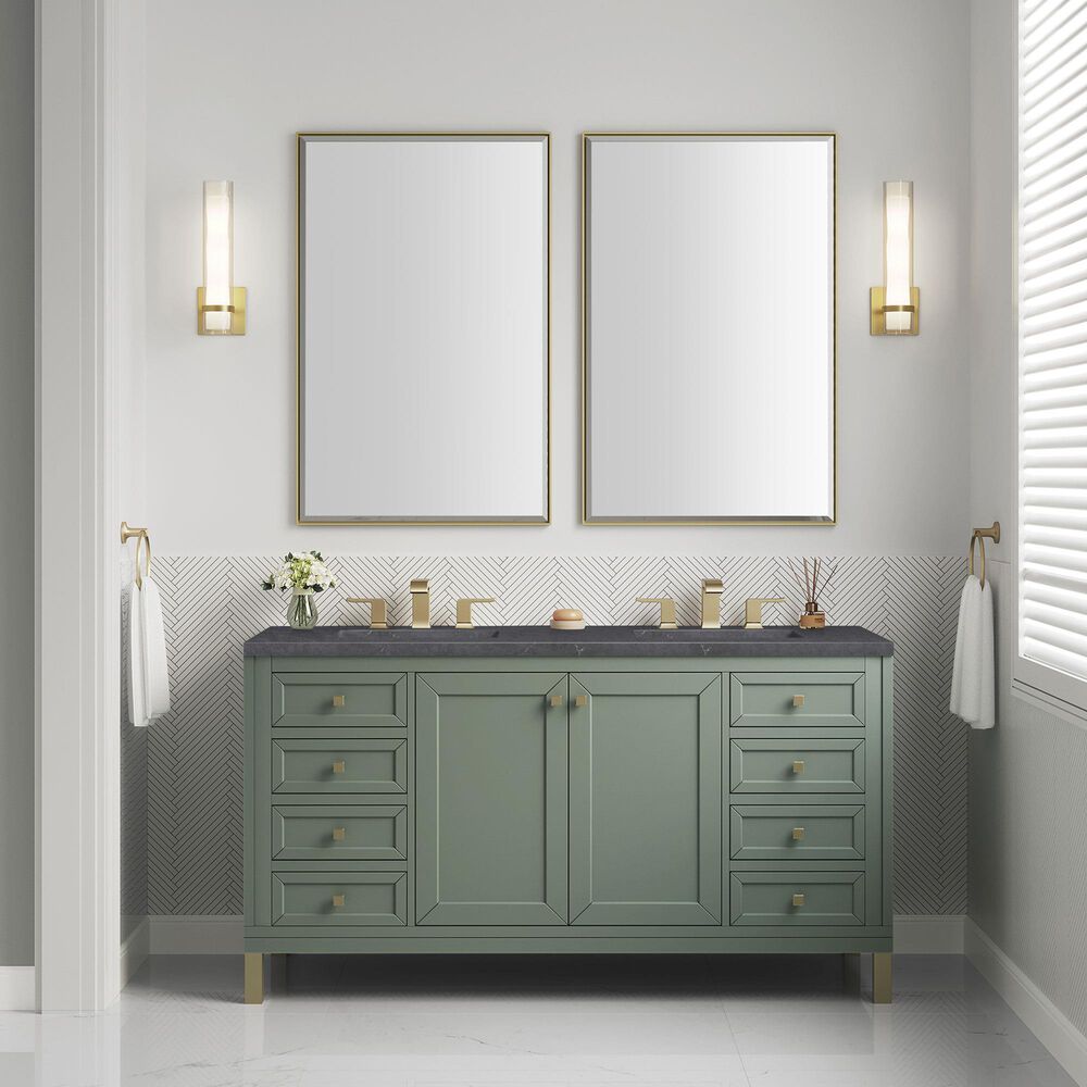 James Martin Chicago 60&quot; Double Bathroom Vanity in Smokey Celadon with 3 cm Charcoal Soapstone Quartz Top and Rectangular Sinks, , large