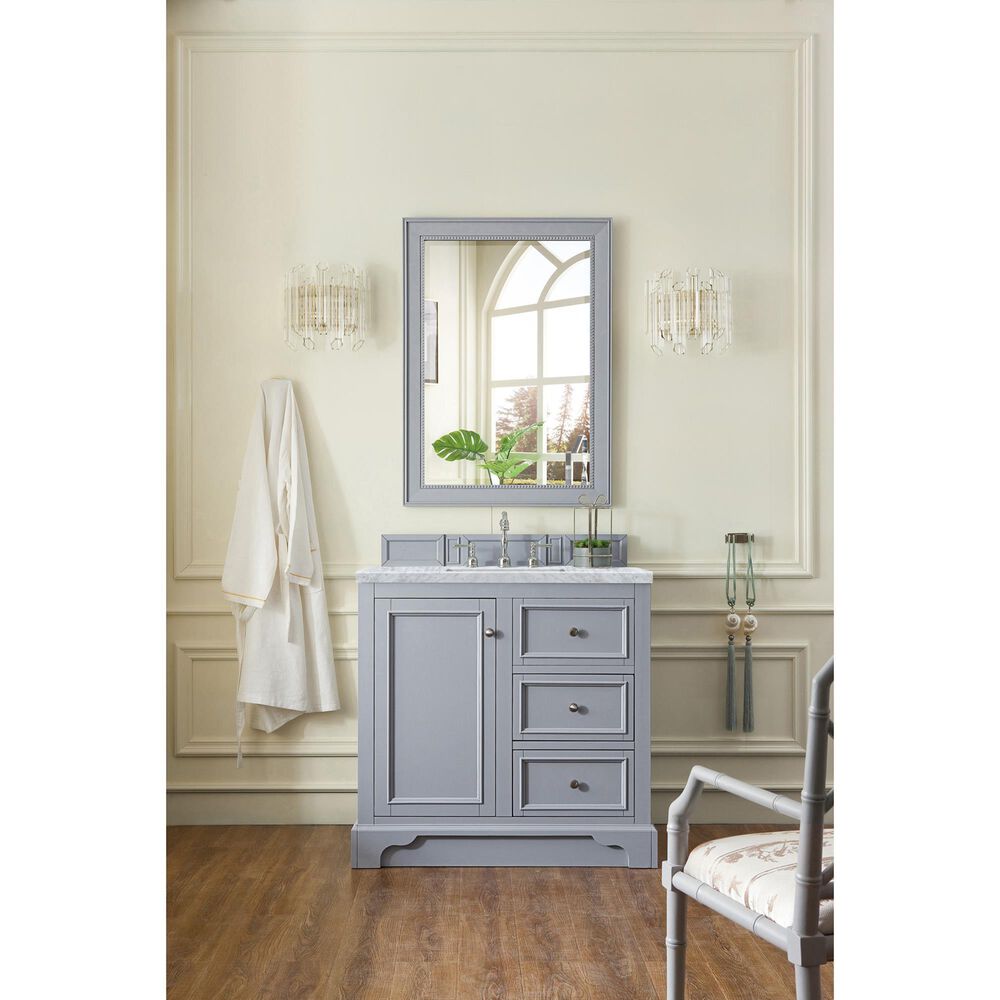 James Martin De Soto 36&quot; Single Bathroom Vanity in Silver Gray with 3 cm Carrara White Marble Top and Rectangular Sink, , large