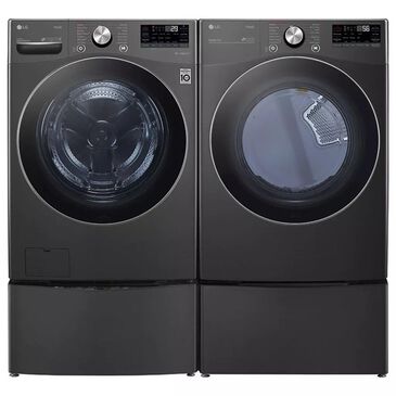 LG 5 Cu. Ft. Front Load Washer and 7.4 Cu. Ft. Gas Dryer Laundry Pair with Pedestals in Black Steel, , large