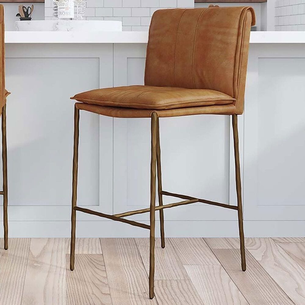 Classic Home Mayer 26&quot; Counter Stool in Aged Brass Finish and Adobe Tan Top Grain Leather, , large