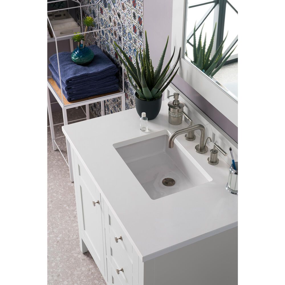 James Martin Palisades 36" Single Bathroom Vanity in Bright White with 3 cm White Zeus Quartz Top and Rectangular Sink, , large