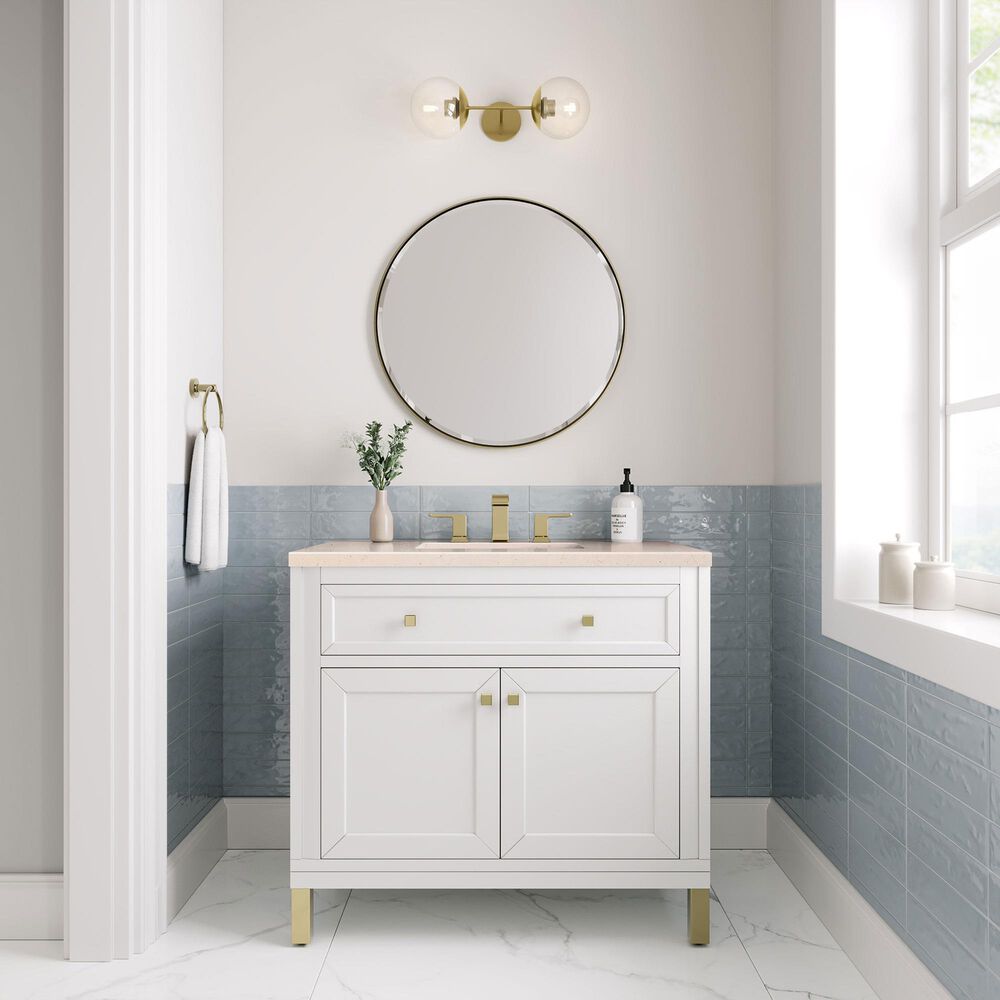 James Martin Chicago 36&quot; Single Bathroom Vanity in Glossy White with 3 cm Eternal Marfil Quartz Top and Rectangular Sink, , large