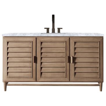 James Martin Portland 60" Single Bathroom Vanity in Whitewashed Walnut with 3 cm Carrara White Marble Top and Rectangular Sink, , large