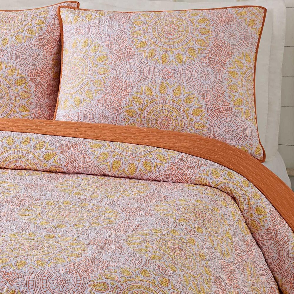 Peking Handicraft Medallion 3-Piece Full/Queen Quilt Set in Coral, Yellow and White, , large