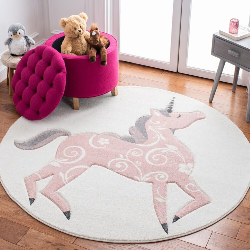 Safavieh Carousel CRK163 3&#39; Round Ivory and Pink Kids  Area Rug, , large