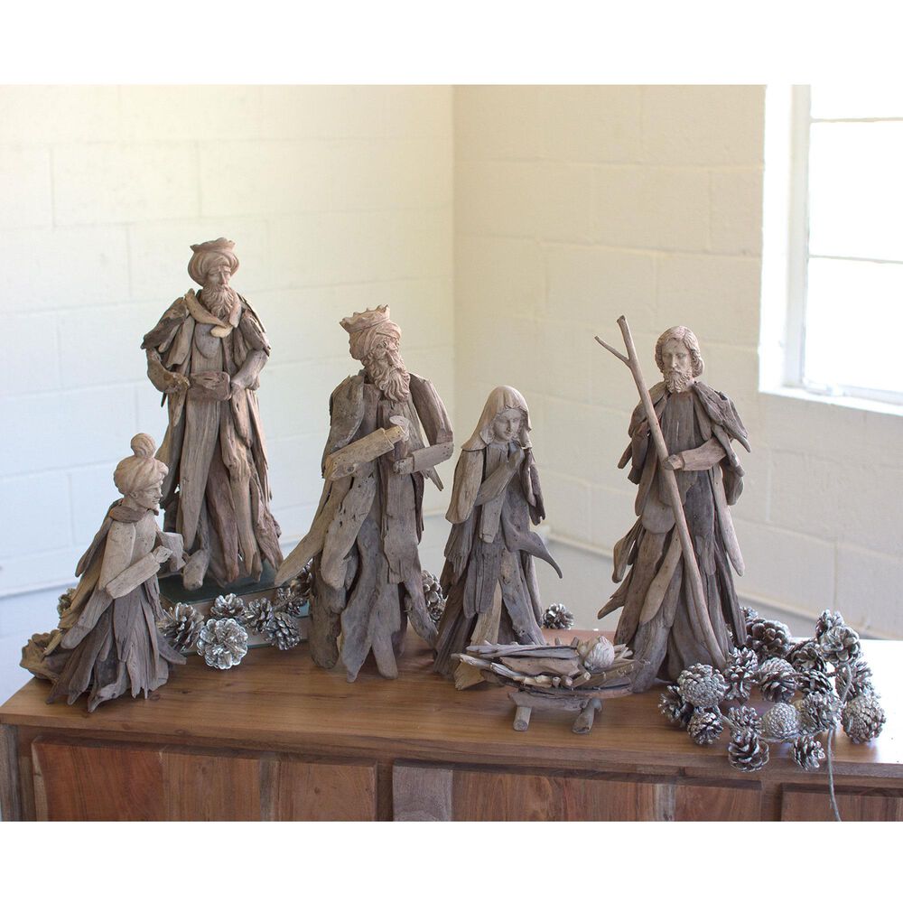 Kalalou Driftwood Nativity Set in Rustic Brown (Set of 6), , large