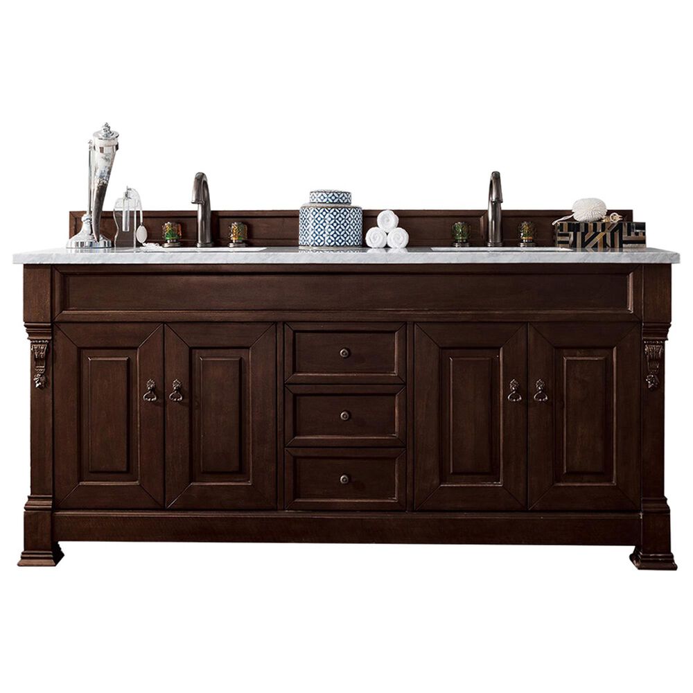 James Martin Brookfield 72" Double Bathroom Vanity in Burnished Mahogany with 3 cm Eternal Jasmine Pearl Quartz Top and Rectangle Sink, , large