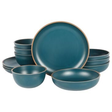 Gibson Home Rockabye 12-Piece Double Bowl Melamine Dinnerware Set in Matte Teal, , large