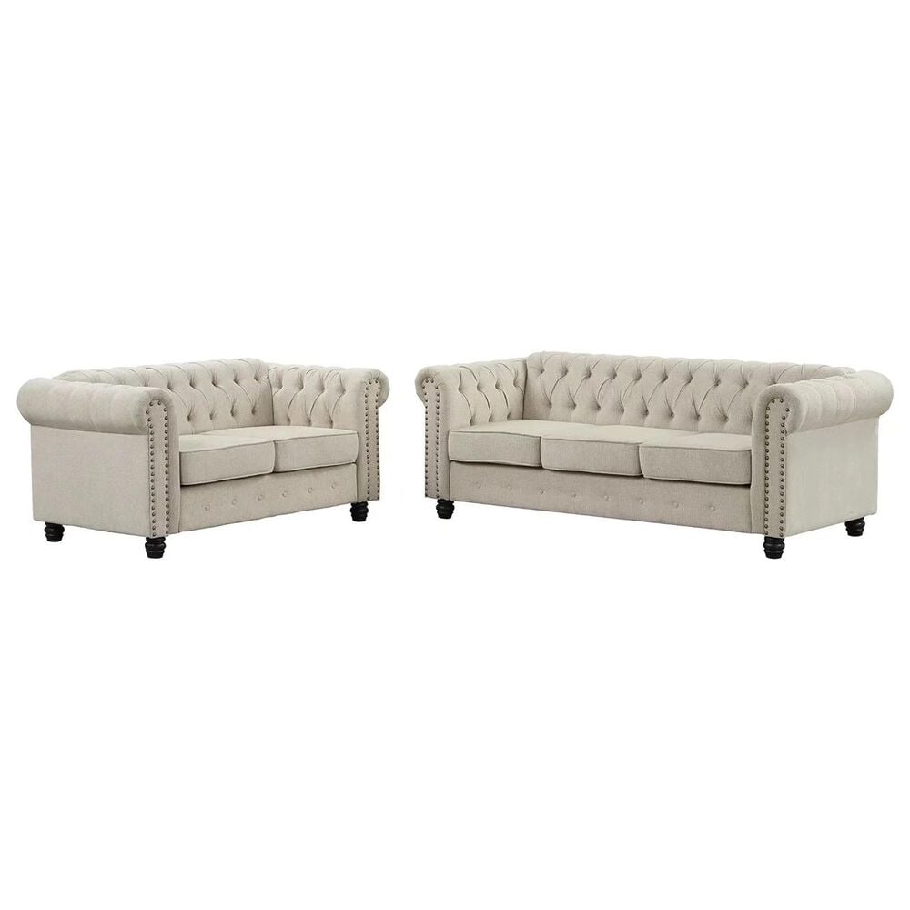 Morden Fort Chesterfield 2-Piece Stationary Linen Sofa and Loveseat Set in Beige, , large