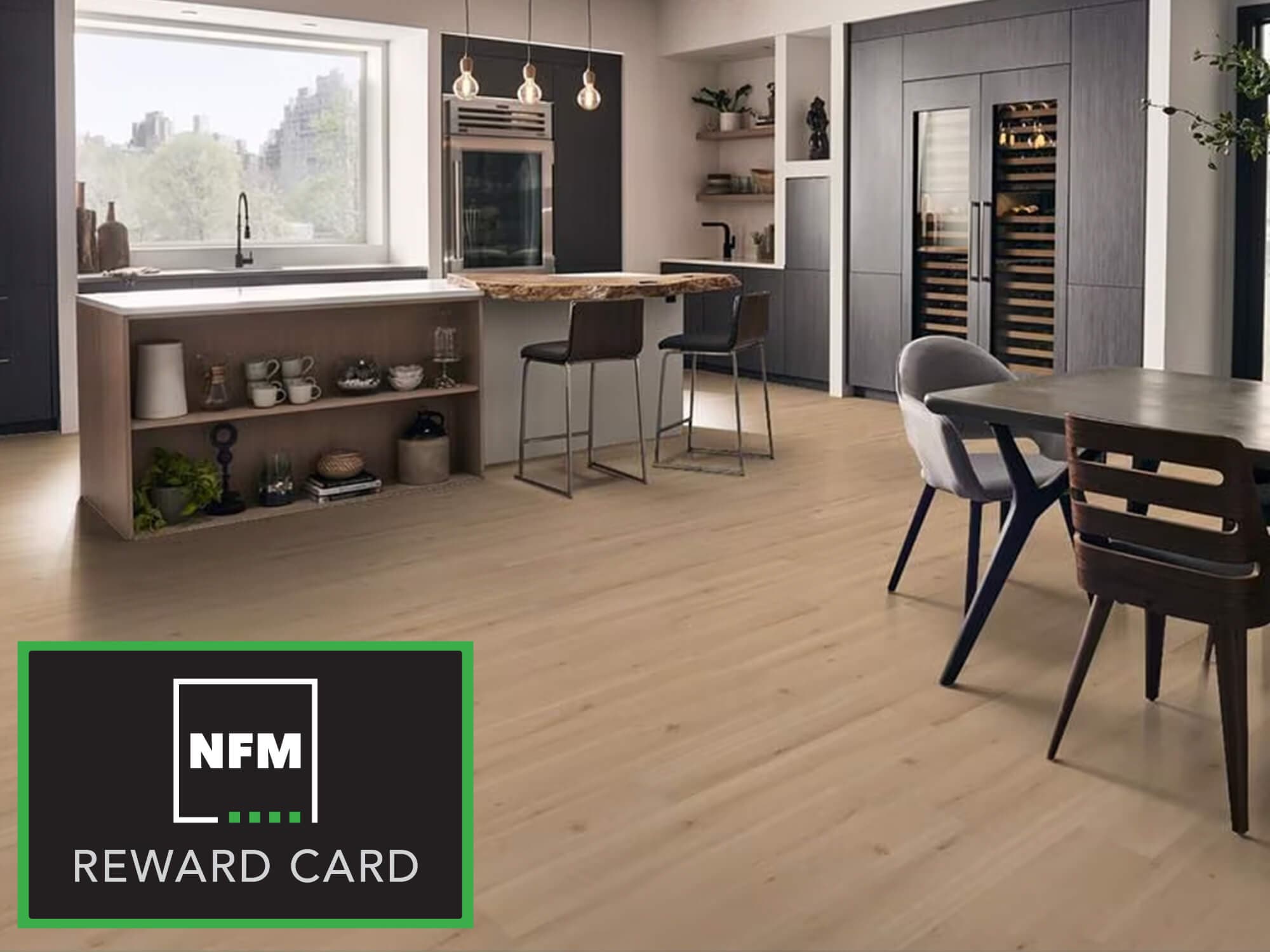 kitchen and dining area with counter stools with a wood patered flooring