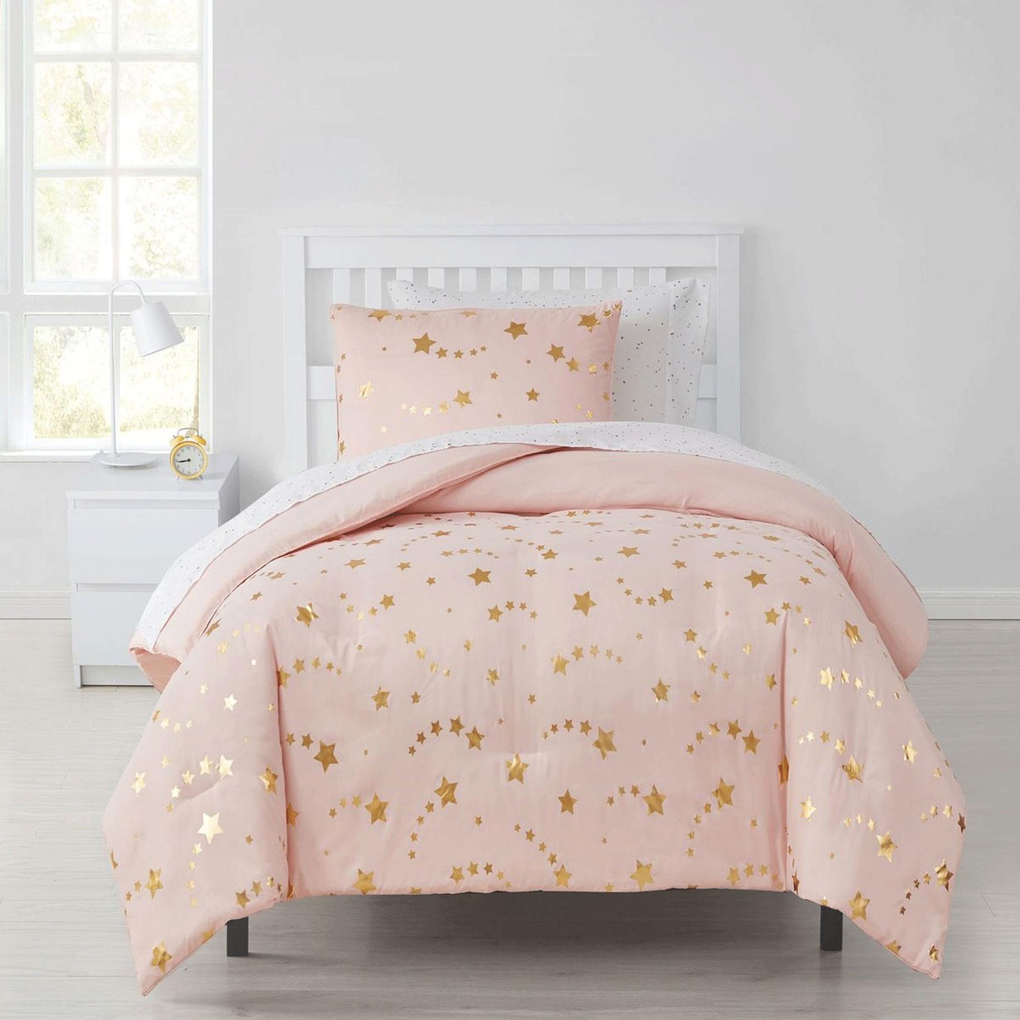 Girls pink shop and gold bedding