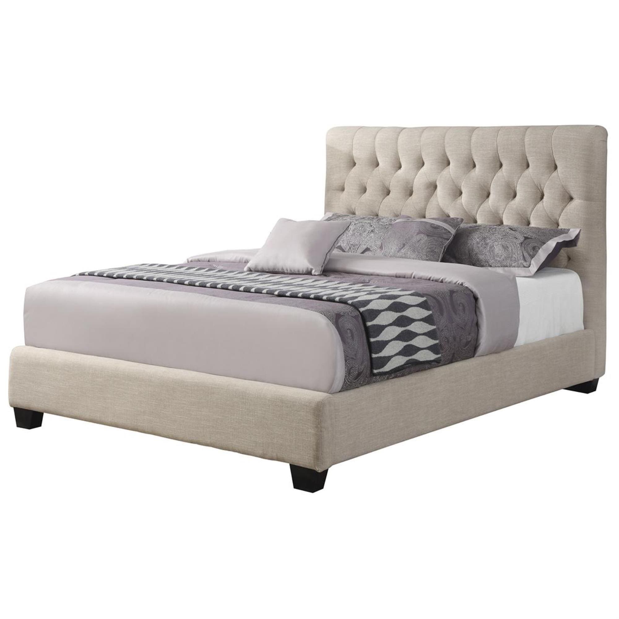 Pacific Landing Chloe Queen Upholstered Bed with Black Legs in Oatmeal ...