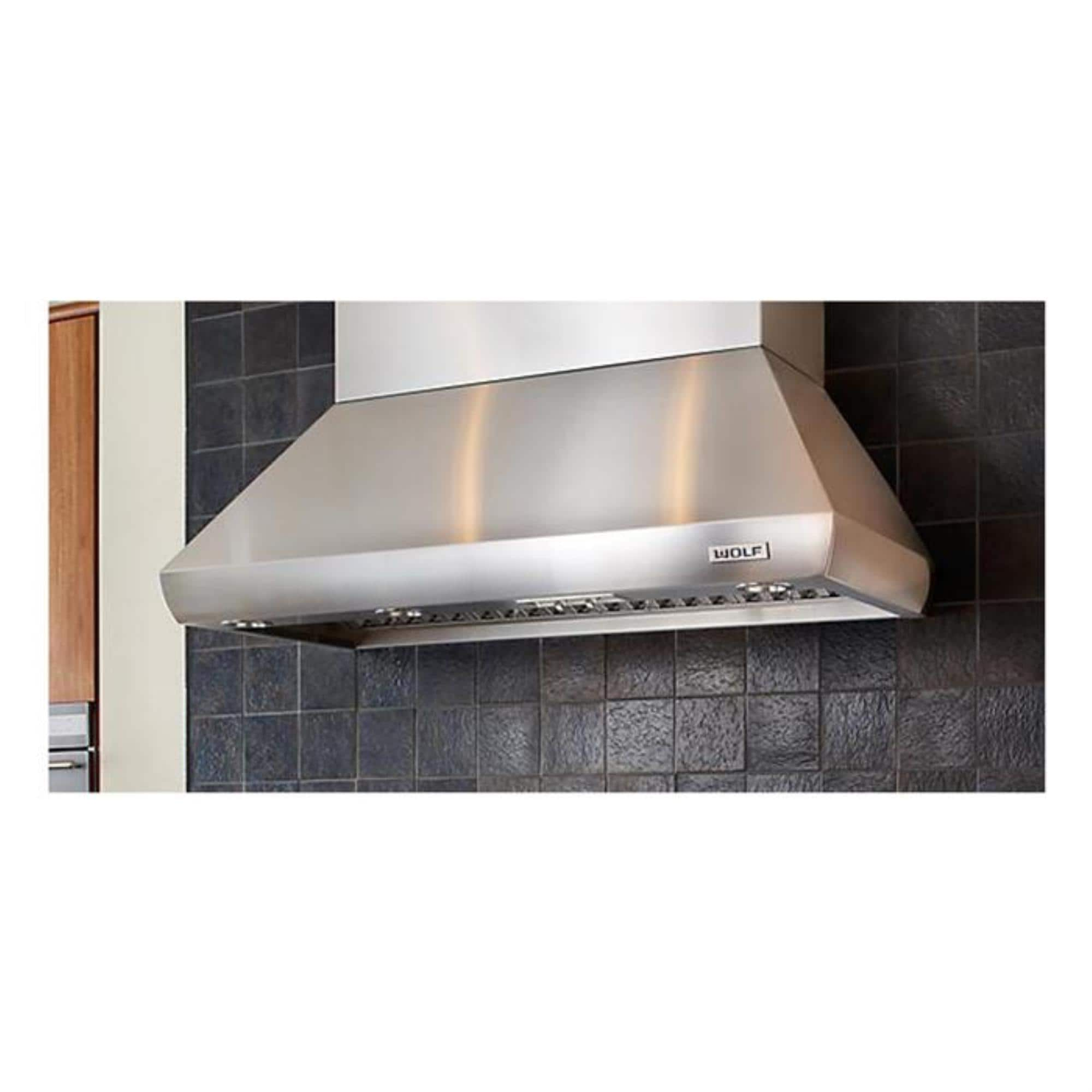 Wolf 54 in. Chimney Style Range Hood, Ducted Venting & 3 Halogen Lights -  Stainless Steel