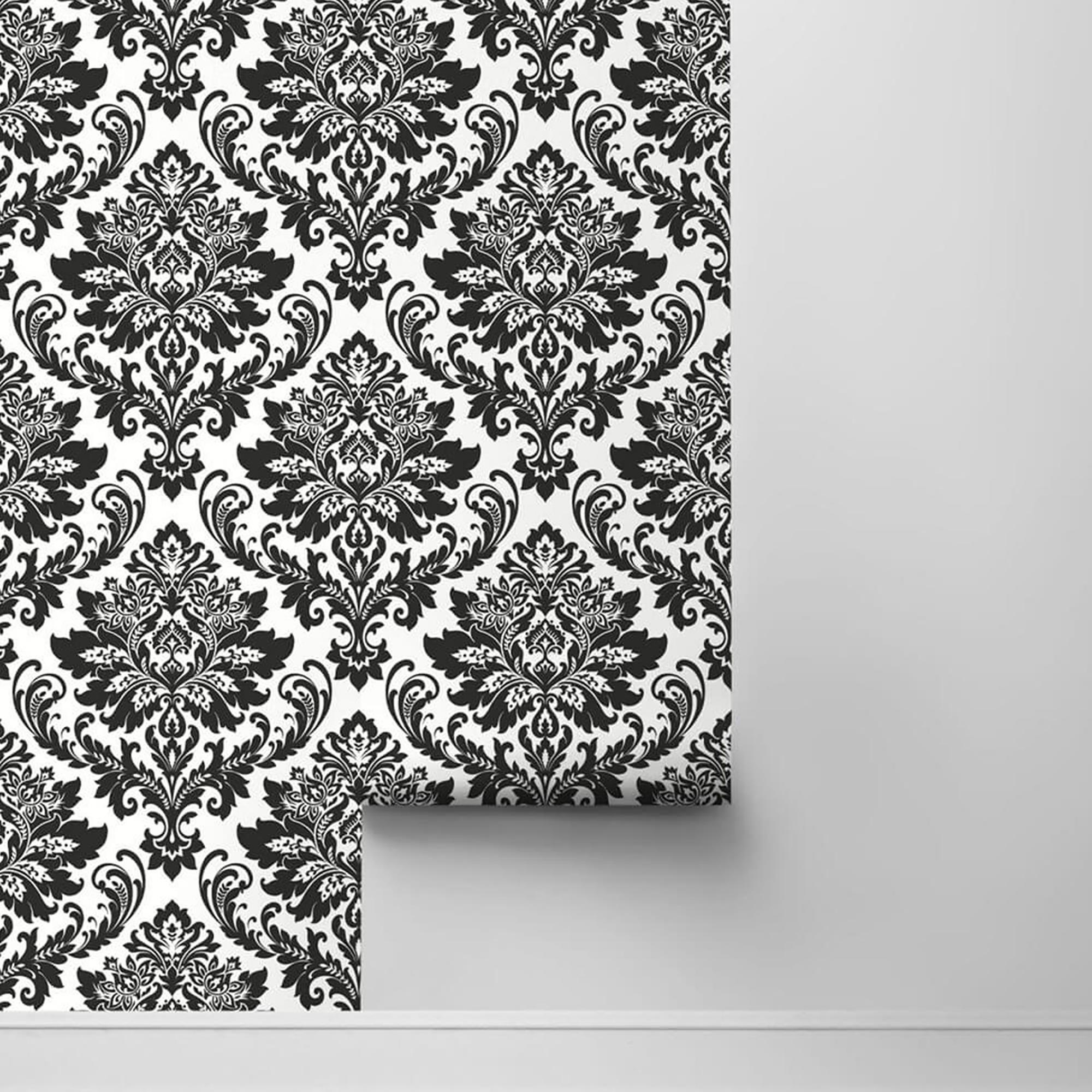 NextWall Damask 216" x 20.5" Peel and Stick Wallpaper in Black and