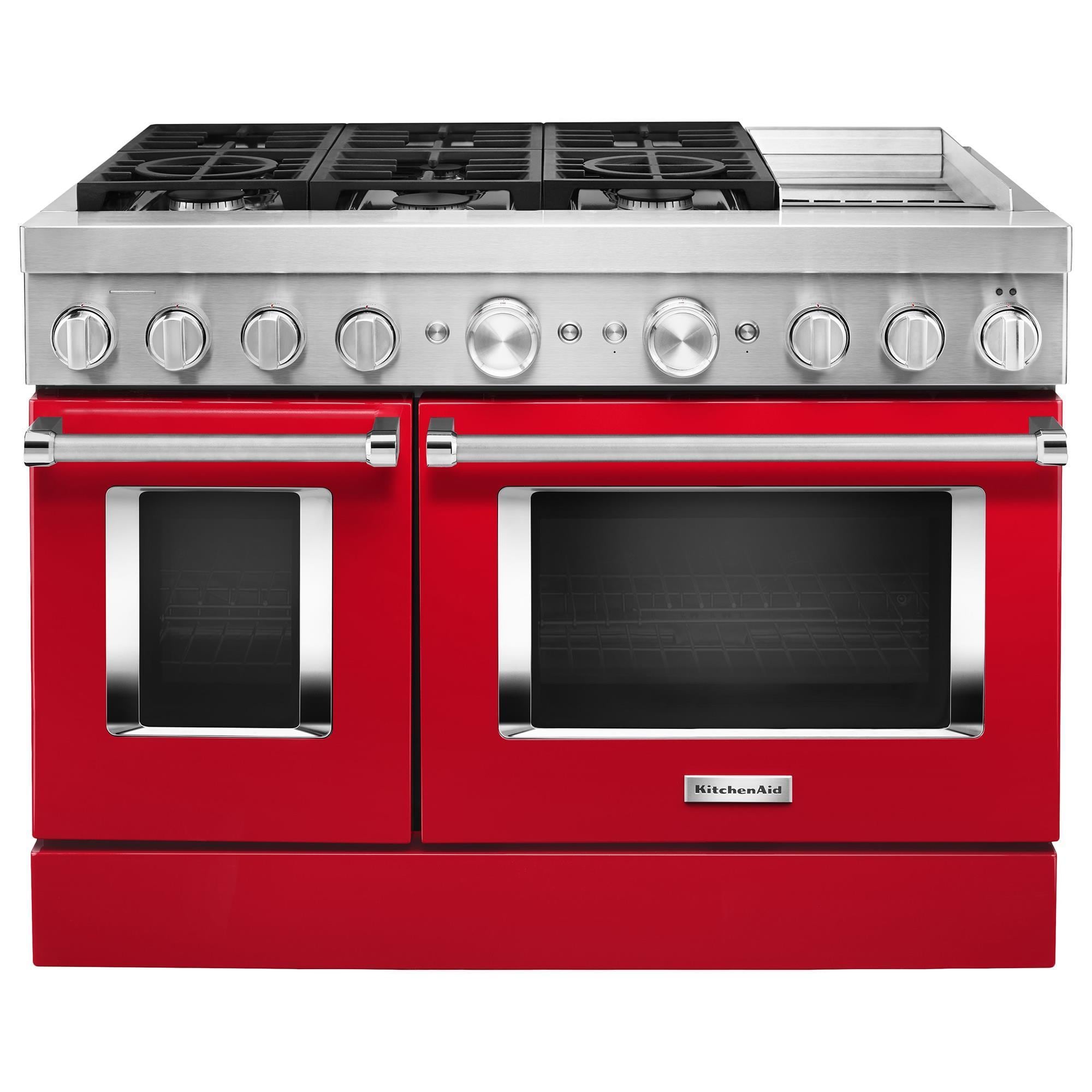 KitchenAid Double Oven Gas True Convection Range in burgundy authentic