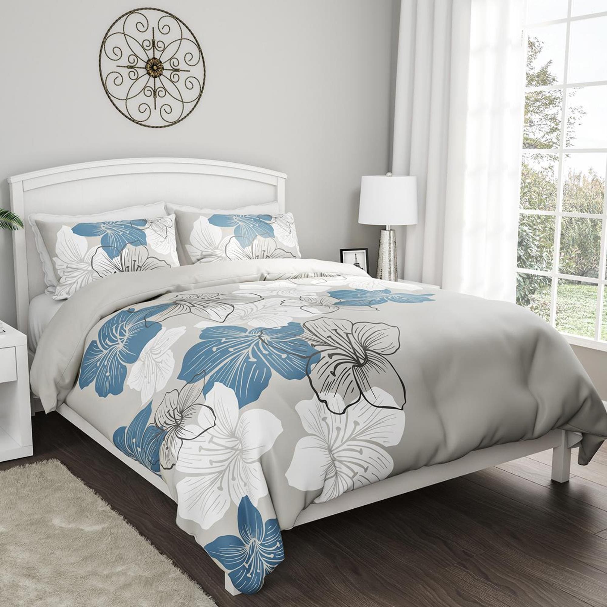 Ribbon Bow Floral Bedding Set / White Blue