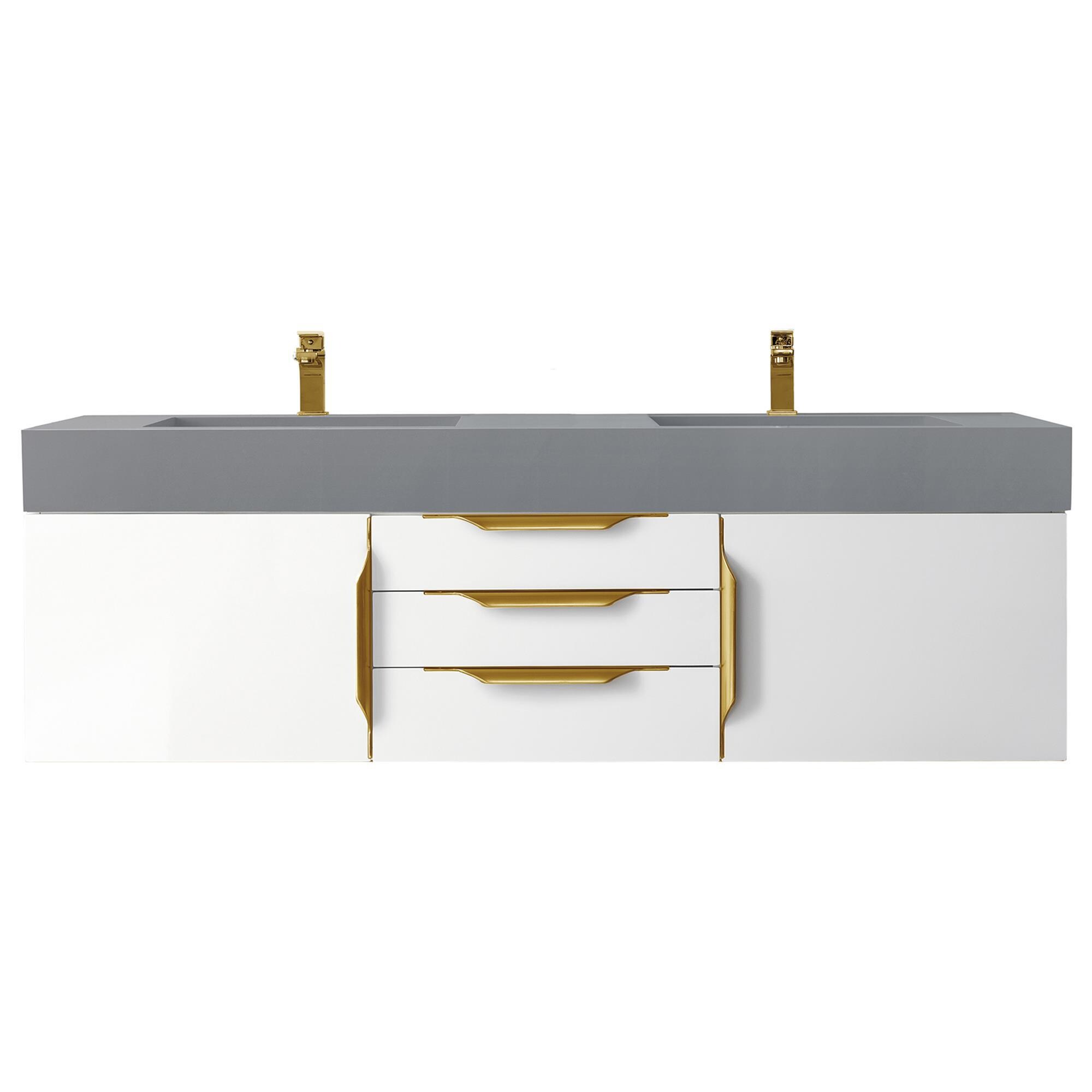 James Martin 389-V59D-GW-G-DGG, 59 Inch Mercer Island Double Faucet Vanity  with Glossy Dark Gray Top and Radiant Gold Hardware, Glossy White