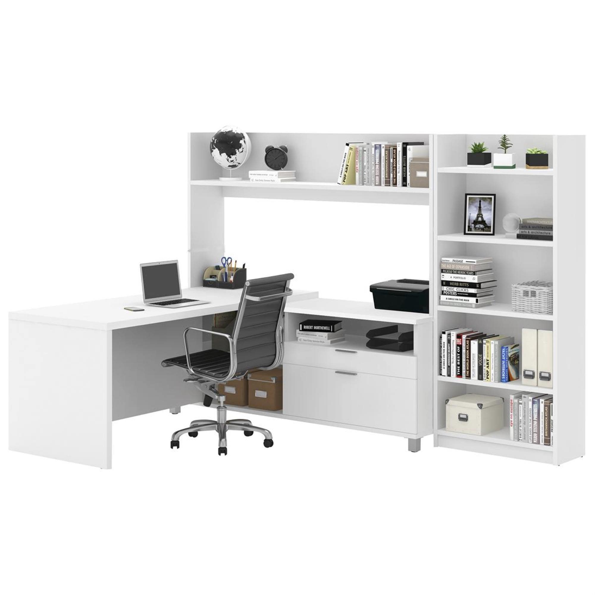 Bestar Pro-Linea L-Desk With Bookcase In White | NFM